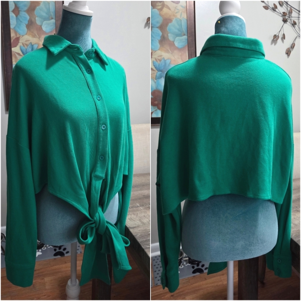 Minaa Monroe Button-Up Collared Cropped Knit Long Sleeve Shirt Small Green